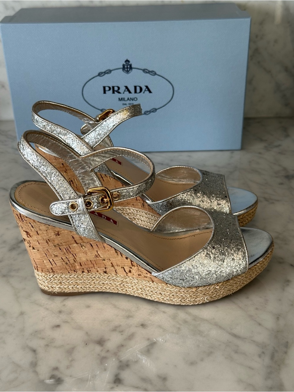 Prada Silver Glitter Cork Espadrille Wedge Sandals with Gold Buckles